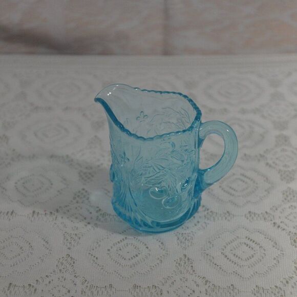 Vintage Light Blue Swung Bowl & Pressed Glass Cherry Pitcher MCM Art Glass Duo - Picture 4 of 4